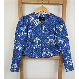 7 For All Mankind Quilted Blue Pattern Zip Up Crop Jacket #1564 Size SMALL
